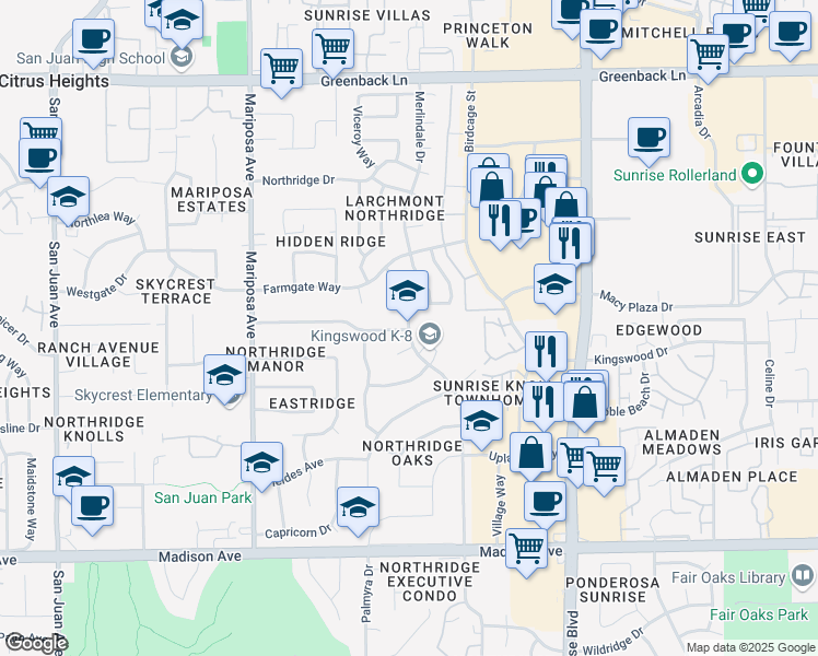 map of restaurants, bars, coffee shops, grocery stores, and more near 5700 Primrose Drive in Citrus Heights