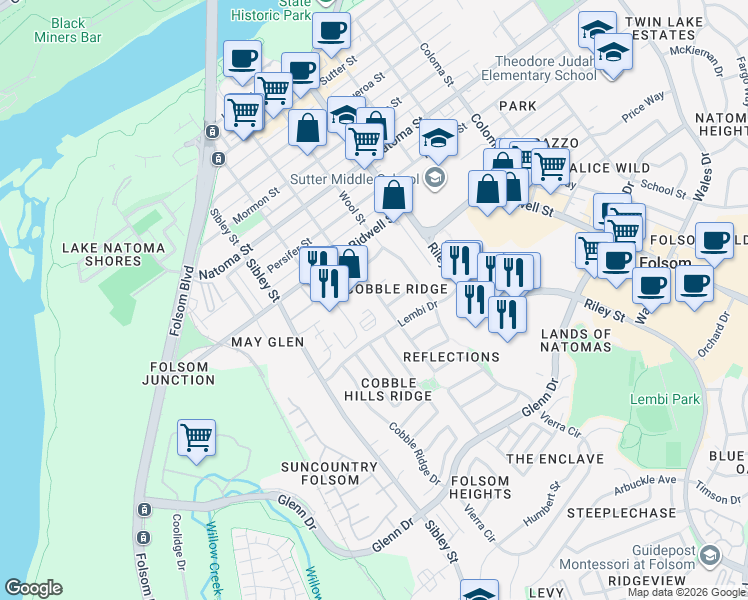 map of restaurants, bars, coffee shops, grocery stores, and more near 206 Oxburough Drive in Folsom