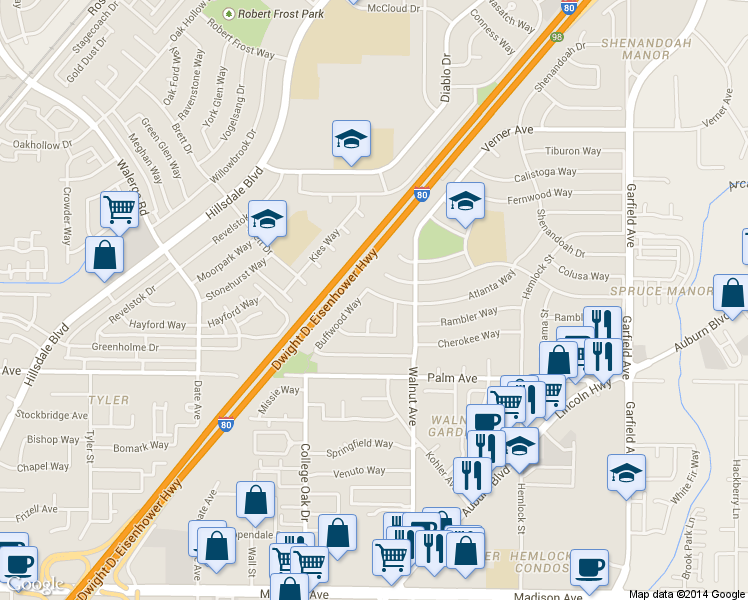 map of restaurants, bars, coffee shops, grocery stores, and more near 5039 Timbercreek Way in Sacramento