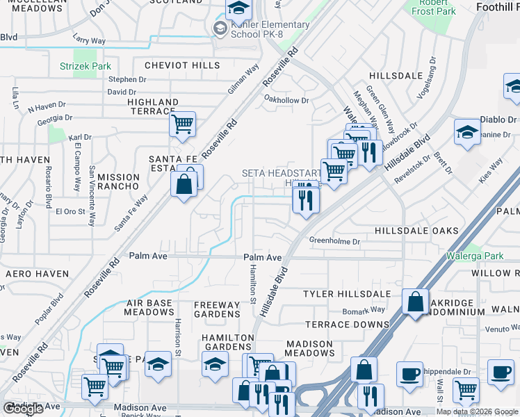 map of restaurants, bars, coffee shops, grocery stores, and more near 4324 Greenholme Drive in Sacramento