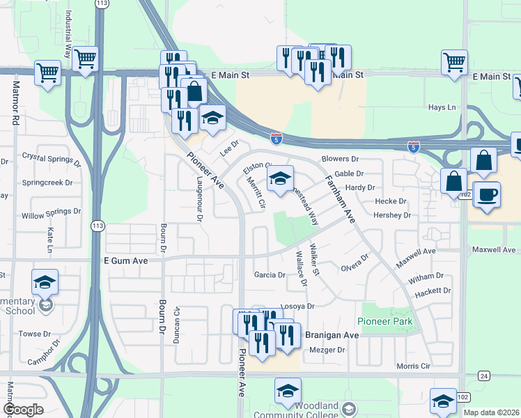 map of restaurants, bars, coffee shops, grocery stores, and more near 824 Atwell Circle in Woodland