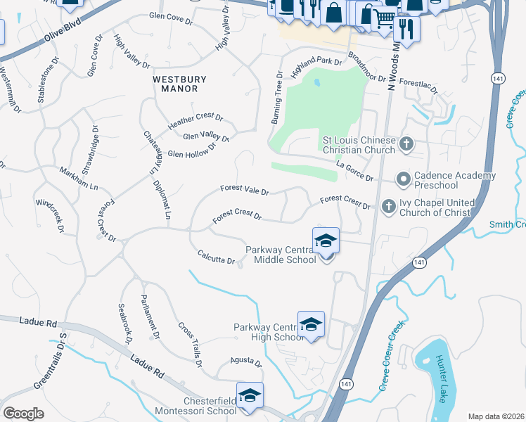 map of restaurants, bars, coffee shops, grocery stores, and more near 32 Forest Crest Drive in Chesterfield