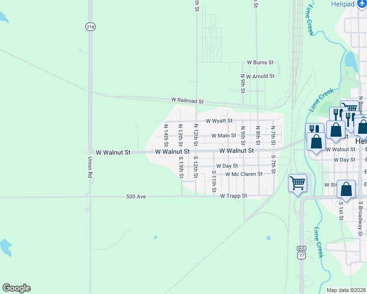 map of restaurants, bars, coffee shops, grocery stores, and more near 9 South 12th Street in Herington