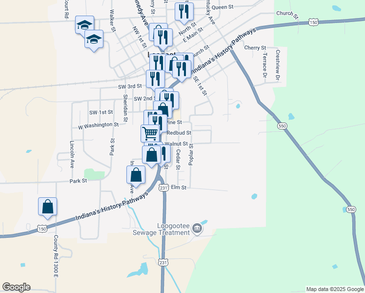 map of restaurants, bars, coffee shops, grocery stores, and more near 201 Cedar Street in Loogootee
