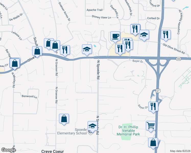 map of restaurants, bars, coffee shops, grocery stores, and more near 821 North Spoede Road in Creve Coeur