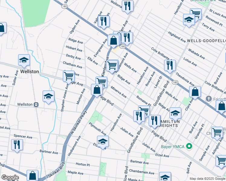 map of restaurants, bars, coffee shops, grocery stores, and more near 1355 Hodiamont Avenue in St. Louis