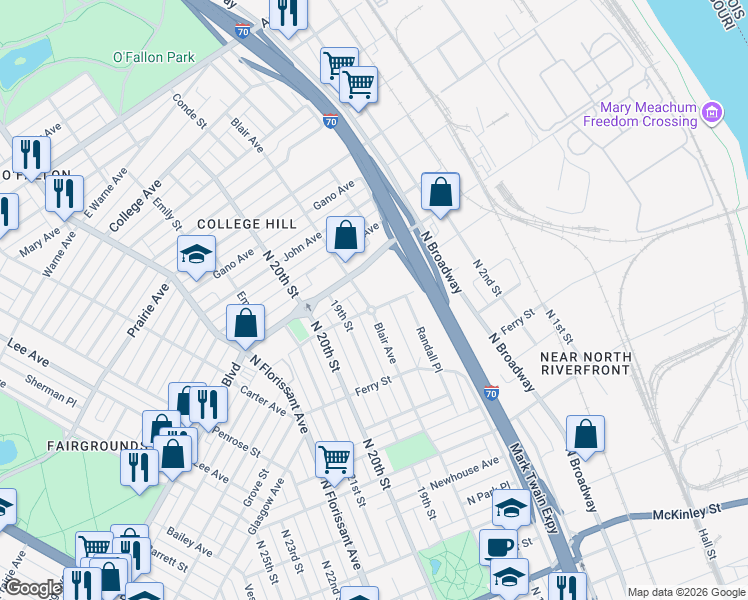 map of restaurants, bars, coffee shops, grocery stores, and more near 1438 East Grand Boulevard in St. Louis