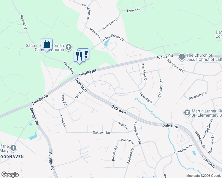 map of restaurants, bars, coffee shops, grocery stores, and more near 12120 Tango Lane in Woodbridge