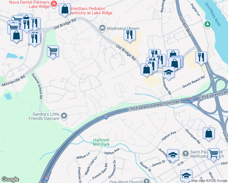 map of restaurants, bars, coffee shops, grocery stores, and more near 1860 Tiger Lily Circle in Woodbridge