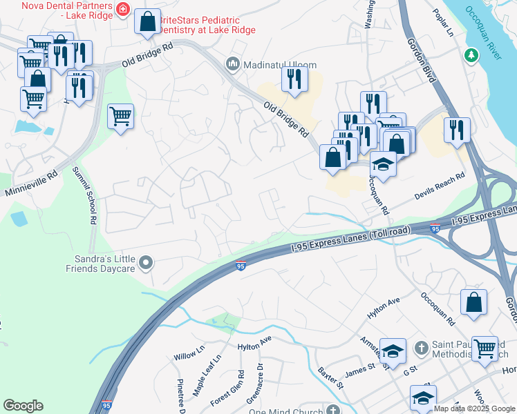 map of restaurants, bars, coffee shops, grocery stores, and more near 1860 Tiger Lily Circle in Woodbridge