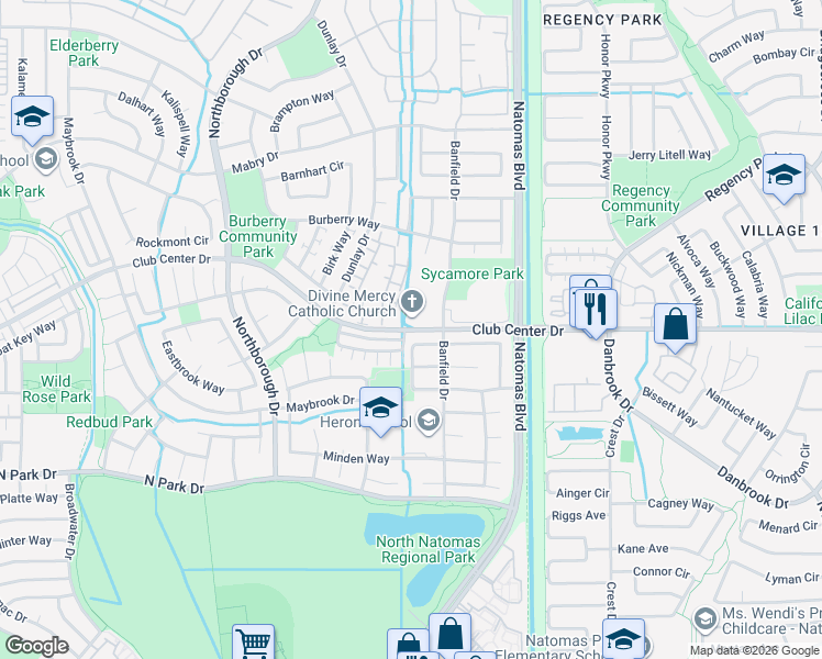 map of restaurants, bars, coffee shops, grocery stores, and more near Club Center Drive in Sacramento