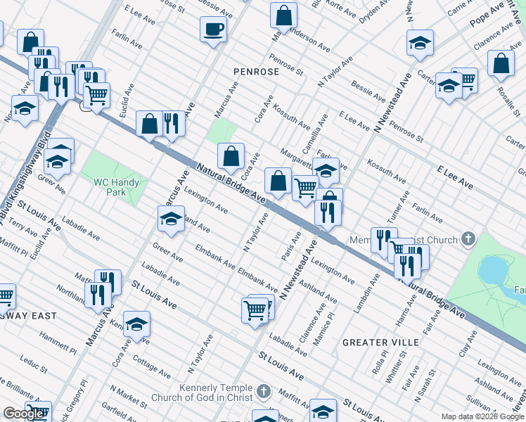 map of restaurants, bars, coffee shops, grocery stores, and more near 3629 North Taylor Avenue in St. Louis