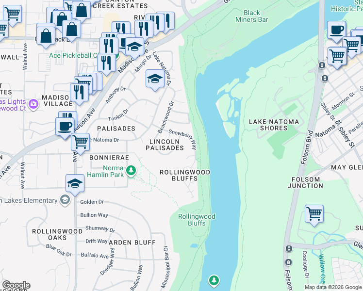 map of restaurants, bars, coffee shops, grocery stores, and more near 9656 Snowberry Way in Orangevale