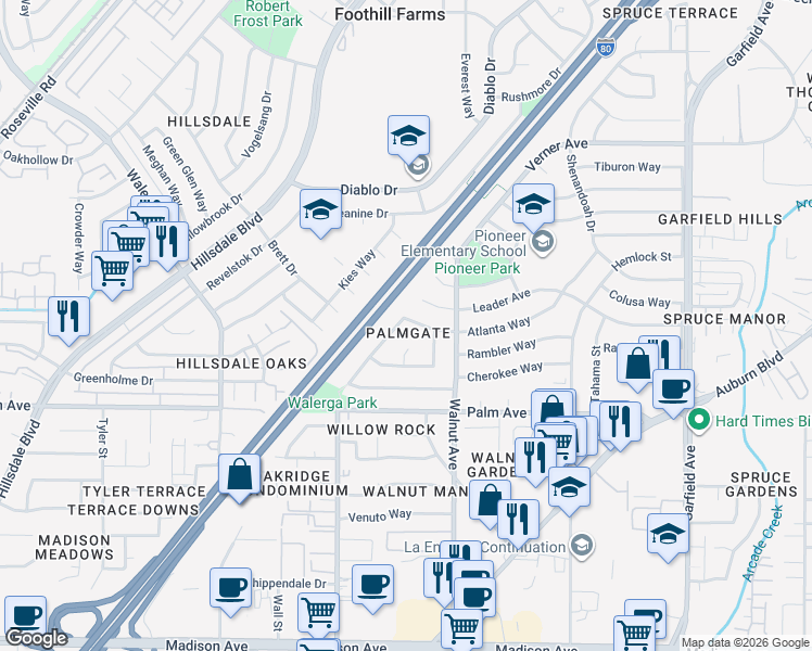 map of restaurants, bars, coffee shops, grocery stores, and more near Interstate 80 in Sacramento
