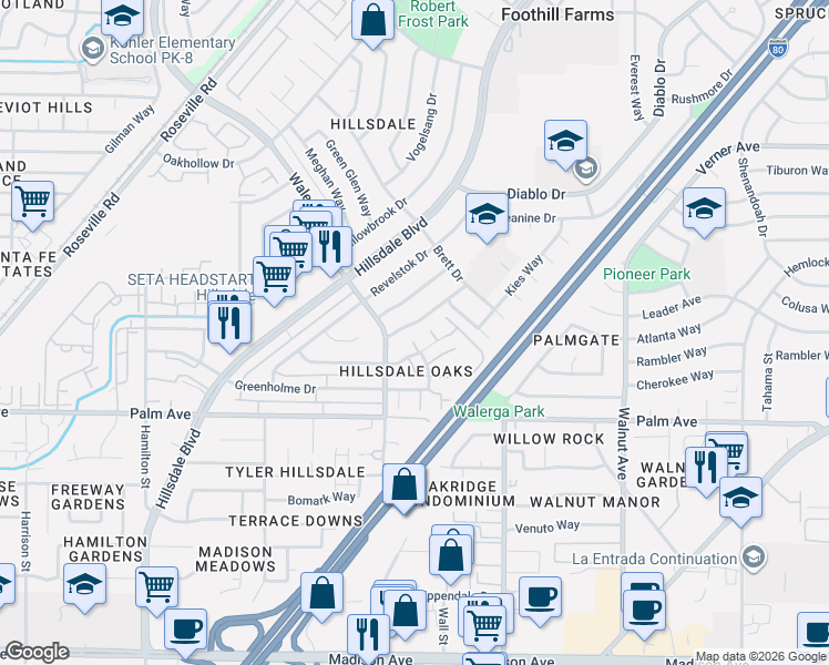 map of restaurants, bars, coffee shops, grocery stores, and more near 4712 Moorpark Way in Sacramento