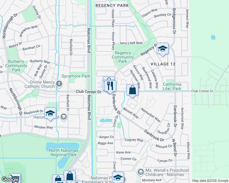 map of restaurants, bars, coffee shops, grocery stores, and more near 2001 Club Center Drive in Sacramento