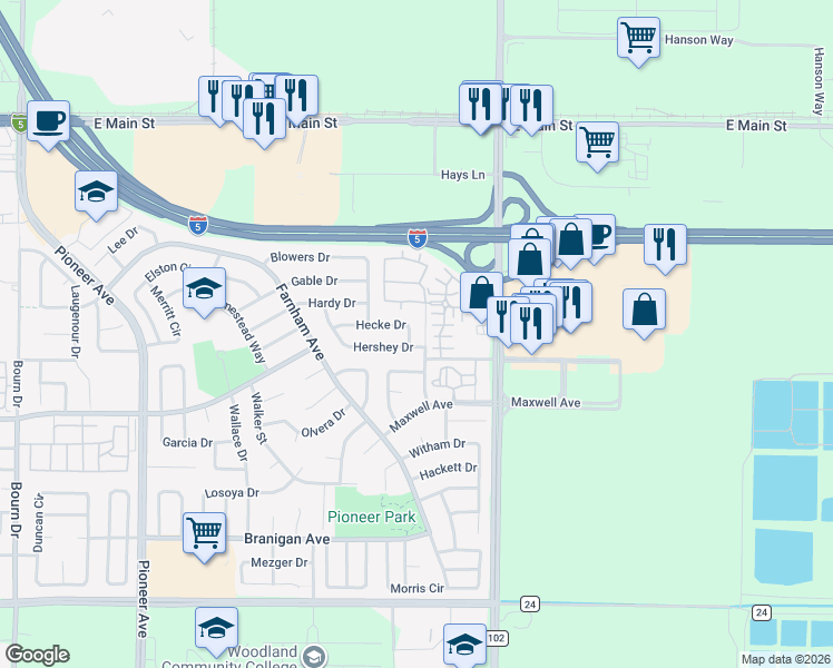 map of restaurants, bars, coffee shops, grocery stores, and more near 1949 Vaca Court in Woodland