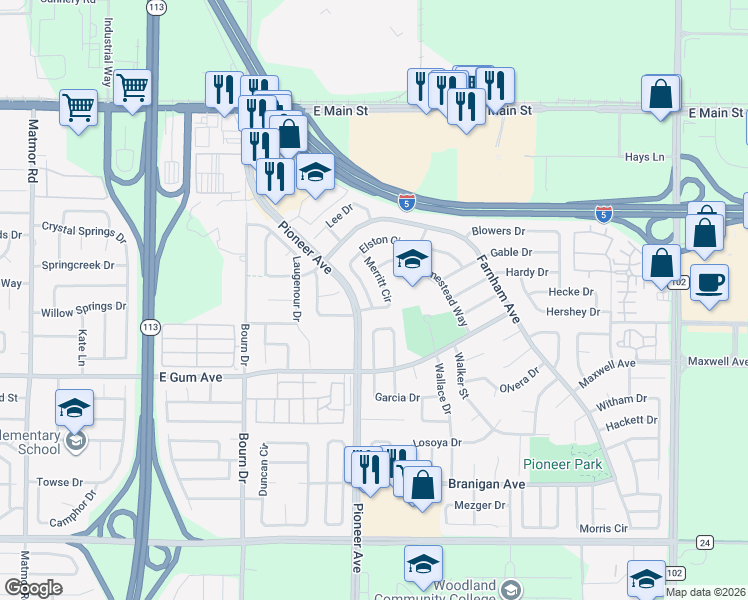 map of restaurants, bars, coffee shops, grocery stores, and more near 774 Merritt Circle in Woodland