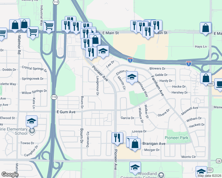 map of restaurants, bars, coffee shops, grocery stores, and more near Pioneer Ave in Woodland