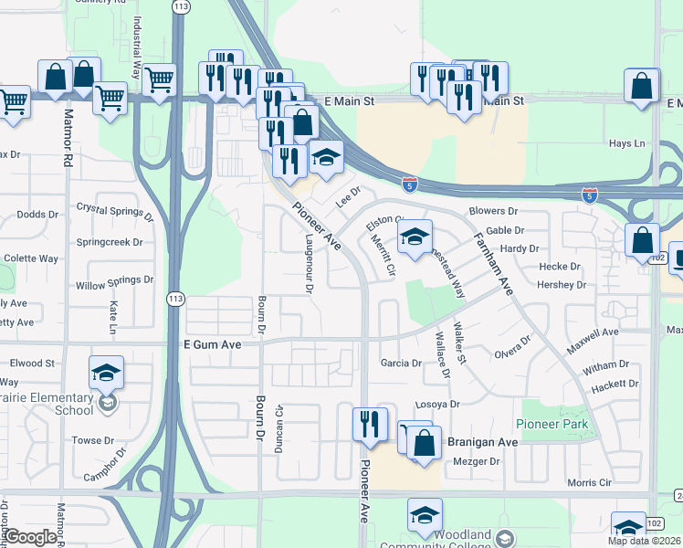 map of restaurants, bars, coffee shops, grocery stores, and more near 7 Hazeman Court in Woodland