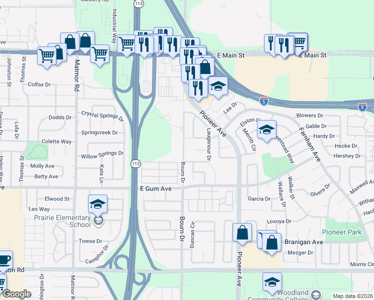 map of restaurants, bars, coffee shops, grocery stores, and more near 1618 Farnham Avenue in Woodland