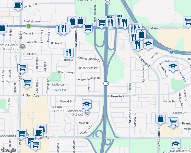 map of restaurants, bars, coffee shops, grocery stores, and more near 1445 Springdale Drive in Woodland