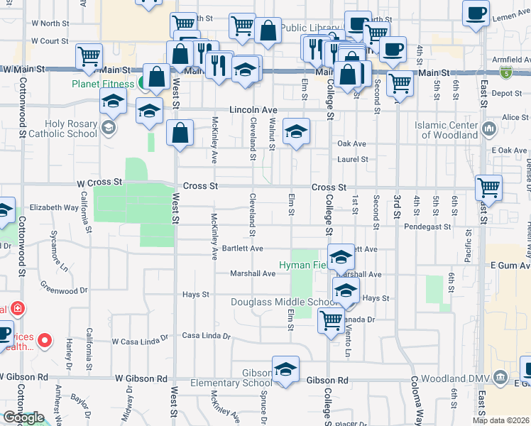 map of restaurants, bars, coffee shops, grocery stores, and more near 719 Cleveland Street in Woodland