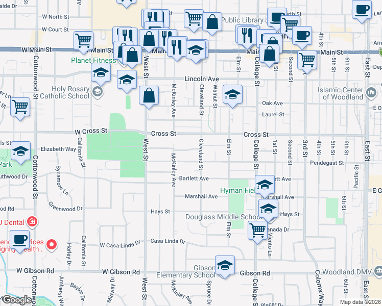 map of restaurants, bars, coffee shops, grocery stores, and more near 234 Cross Street in Woodland