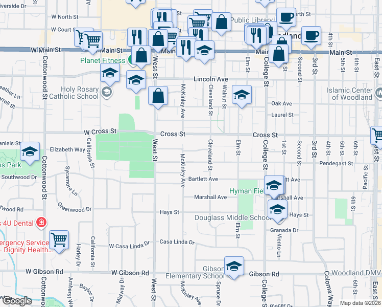 map of restaurants, bars, coffee shops, grocery stores, and more near 234 Cross Street in Woodland