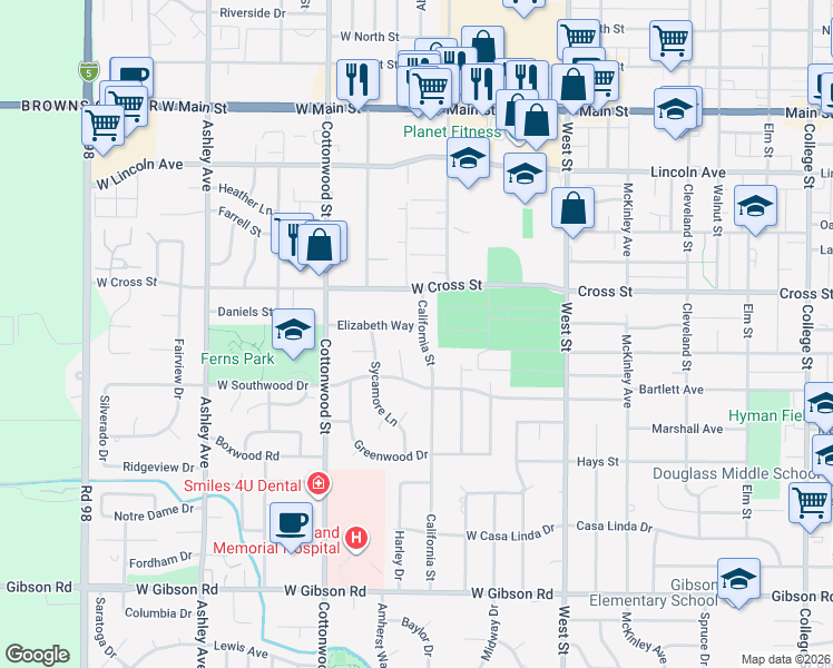 map of restaurants, bars, coffee shops, grocery stores, and more near 711 California Street in Woodland