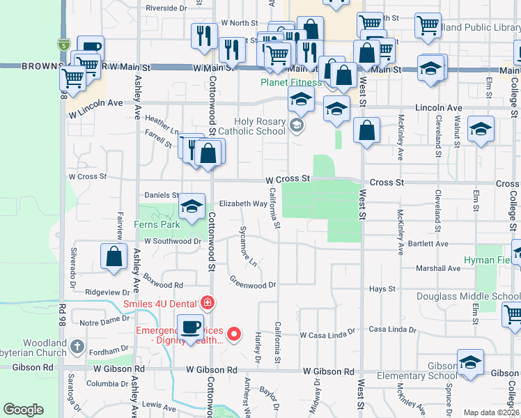 map of restaurants, bars, coffee shops, grocery stores, and more near 433 West Cross Street in Woodland