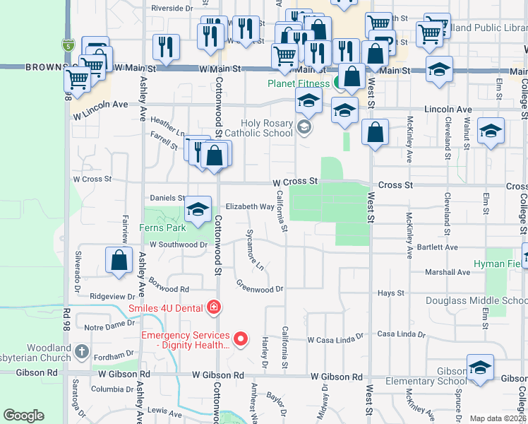 map of restaurants, bars, coffee shops, grocery stores, and more near 433 West Cross Street in Woodland