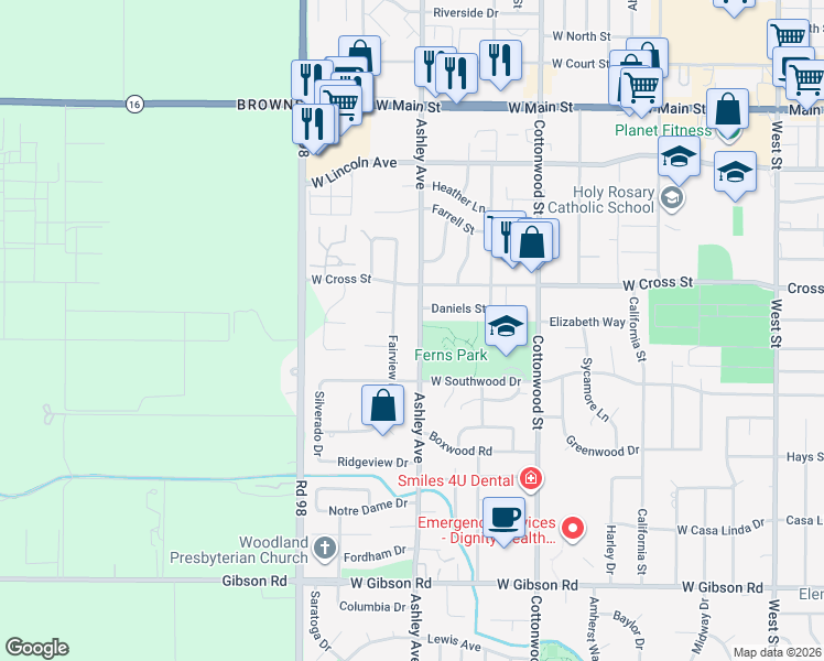 map of restaurants, bars, coffee shops, grocery stores, and more near 713 Fairview Drive in Woodland