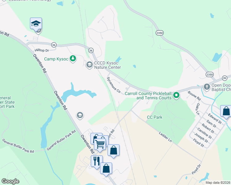 map of restaurants, bars, coffee shops, grocery stores, and more near Sycamore Circle in Carrollton