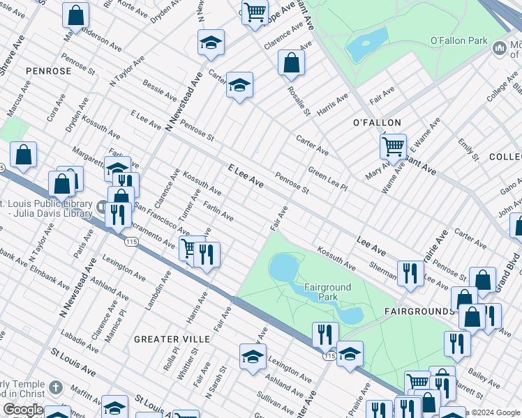 map of restaurants, bars, coffee shops, grocery stores, and more near 4126 Lee Avenue in St. Louis