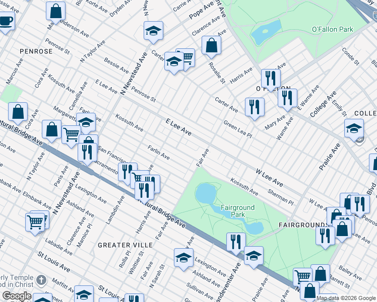 map of restaurants, bars, coffee shops, grocery stores, and more near 4119 Harris Avenue in St. Louis