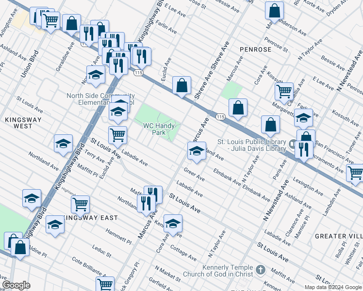 map of restaurants, bars, coffee shops, grocery stores, and more near 4738 Ashland Court in St. Louis