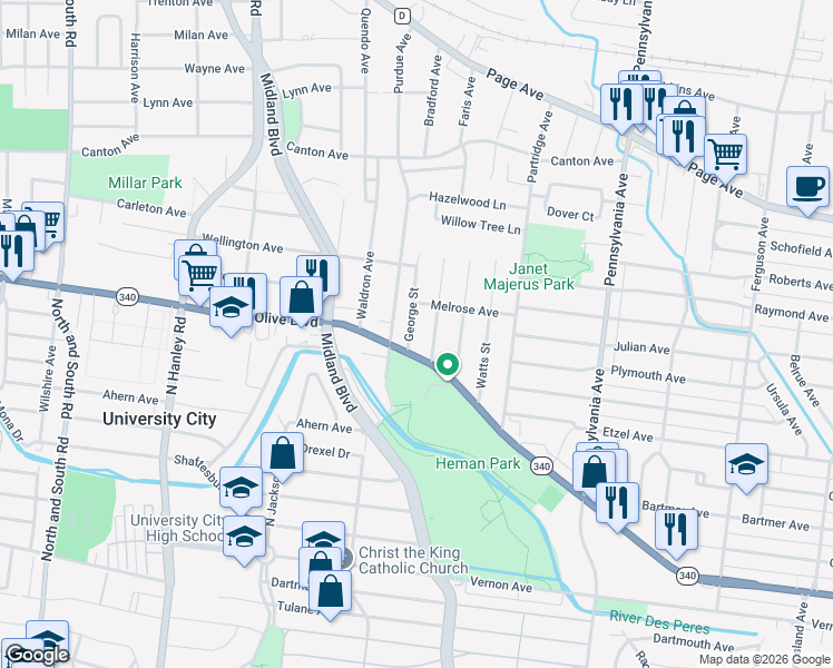 map of restaurants, bars, coffee shops, grocery stores, and more near 1132 George Street in University City