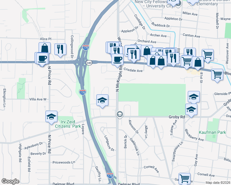 map of restaurants, bars, coffee shops, grocery stores, and more near 1133 McKnight Road in St. Louis