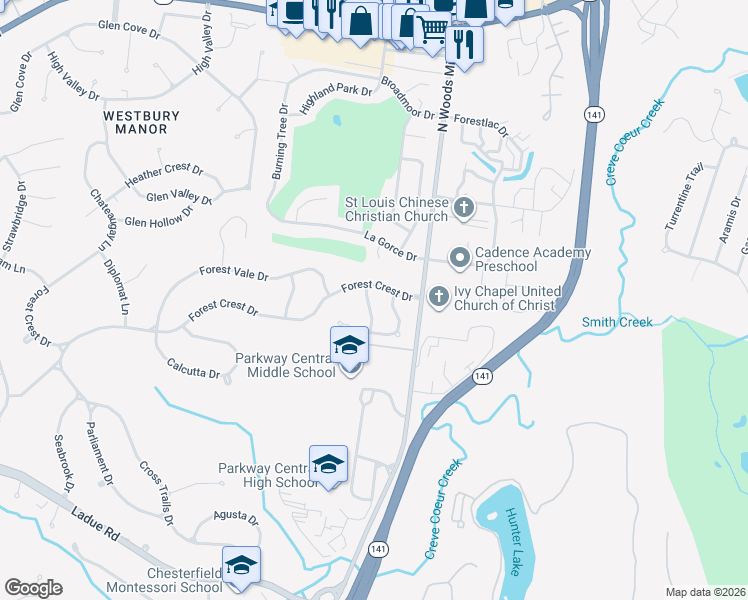 map of restaurants, bars, coffee shops, grocery stores, and more near 55 Forest Crest Drive in Chesterfield