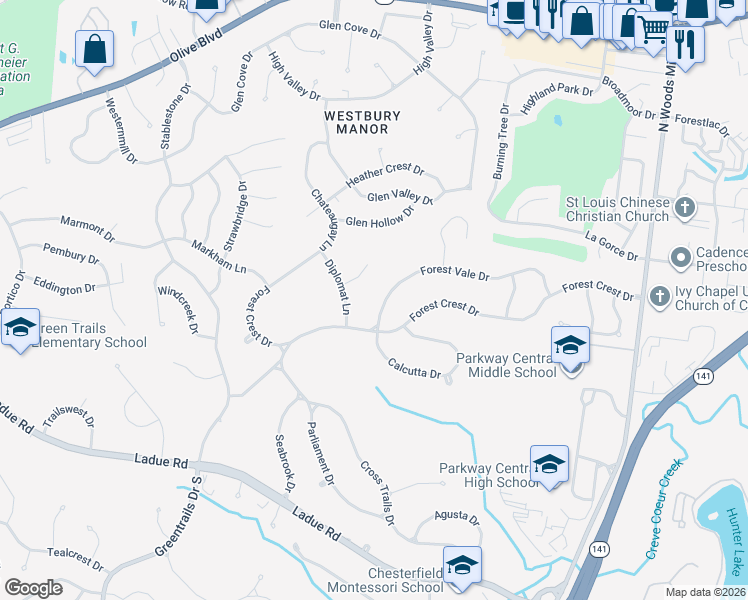 map of restaurants, bars, coffee shops, grocery stores, and more near 320 Statesman Court in Chesterfield