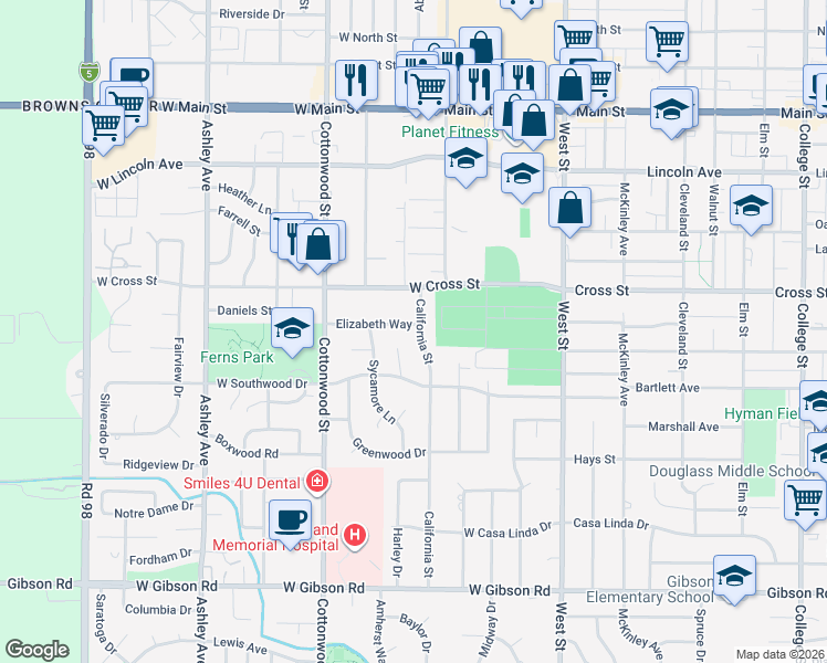 map of restaurants, bars, coffee shops, grocery stores, and more near 711 California Street in Woodland