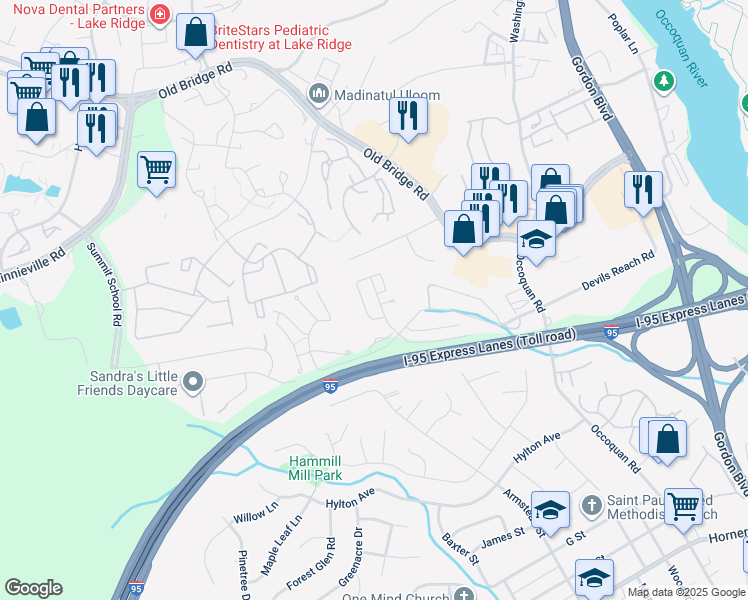 map of restaurants, bars, coffee shops, grocery stores, and more near 13002 Abner Avenue in Woodbridge