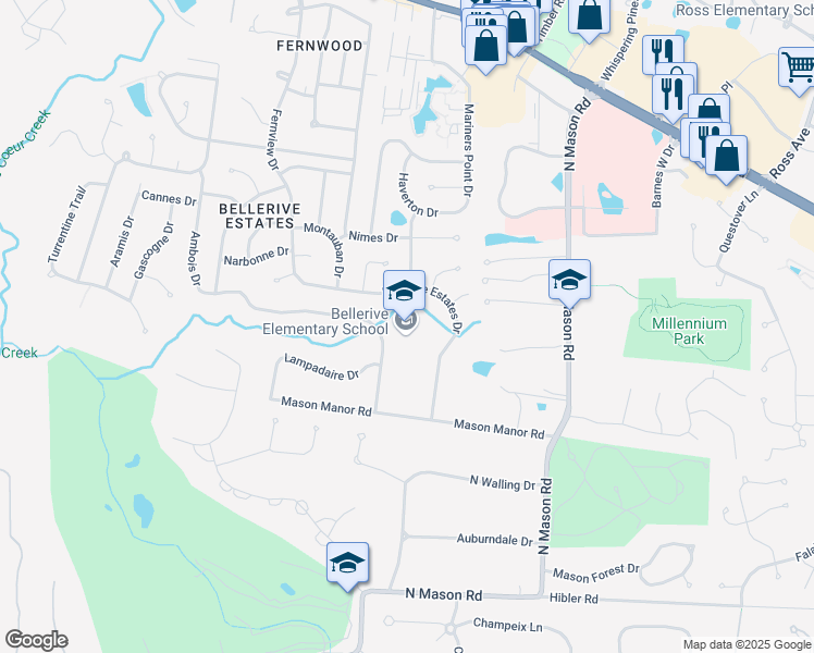 map of restaurants, bars, coffee shops, grocery stores, and more near 620 Rue De Fleur Drive in Creve Coeur