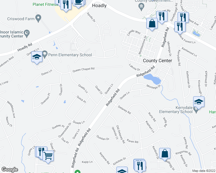 map of restaurants, bars, coffee shops, grocery stores, and more near 13082 Quade Lane in Woodbridge
