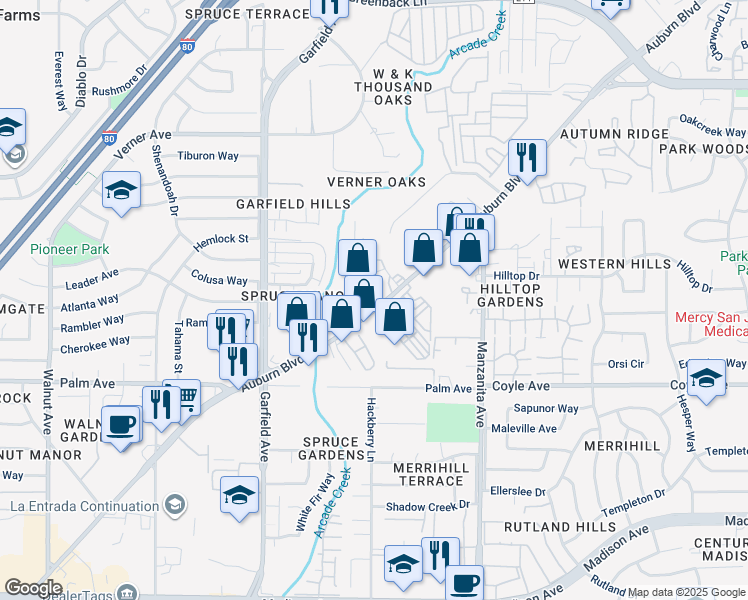 map of restaurants, bars, coffee shops, grocery stores, and more near 5741 Auburn Blvd in Sacramento