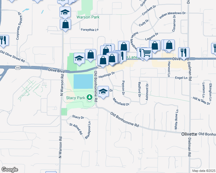 map of restaurants, bars, coffee shops, grocery stores, and more near 804 Avon Court in Olivette