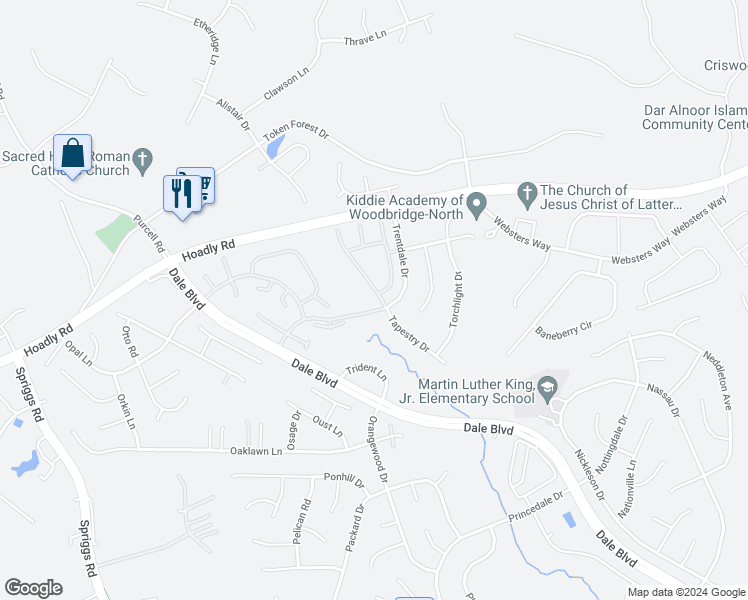 map of restaurants, bars, coffee shops, grocery stores, and more near 13046 Terminal Way in Woodbridge