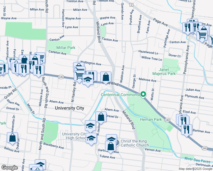 map of restaurants, bars, coffee shops, grocery stores, and more near 7321 Olive Boulevard in University City