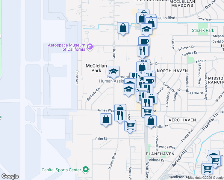 map of restaurants, bars, coffee shops, grocery stores, and more near 5729 Dudley Boulevard in McClellan Park